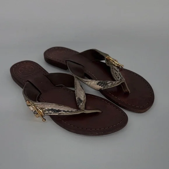 Tory Burch Nora Python Snake Tan Leather Thong Sandals Women's 5 - Picture 1 of 6